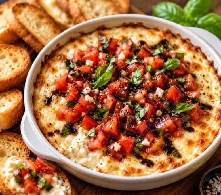 Baked bruschetta dip with a creamy cheese base topped with fresh Roma tomatoes, basil, garlic, mozzarella, Parmesan, and balsamic glaze, served with toasted baguette slices.