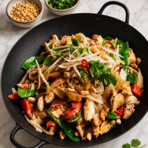 chicken pad thai in a cast iron wok