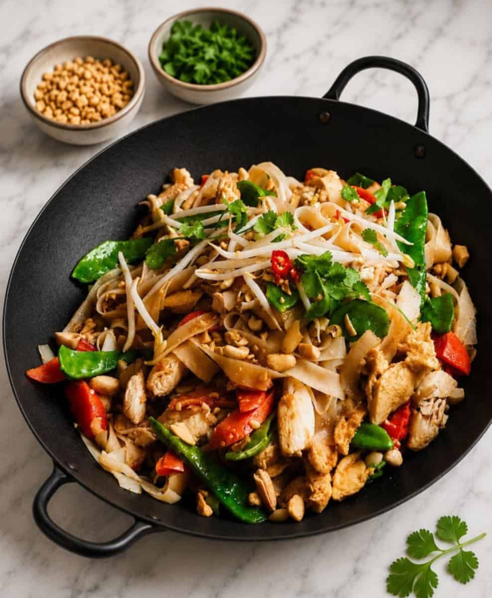 chicken pad thai in a cast iron wok