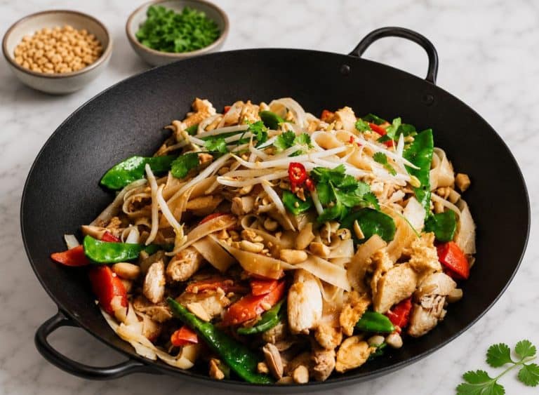 chicken pad thai in a cast iron wok