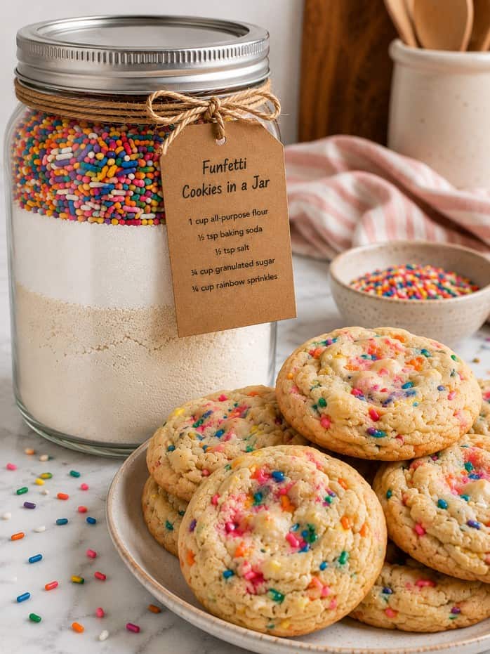 glass mason jar filled with layered ingredients for funfetti cookies freshly baked bakery-style funfetti cookies
