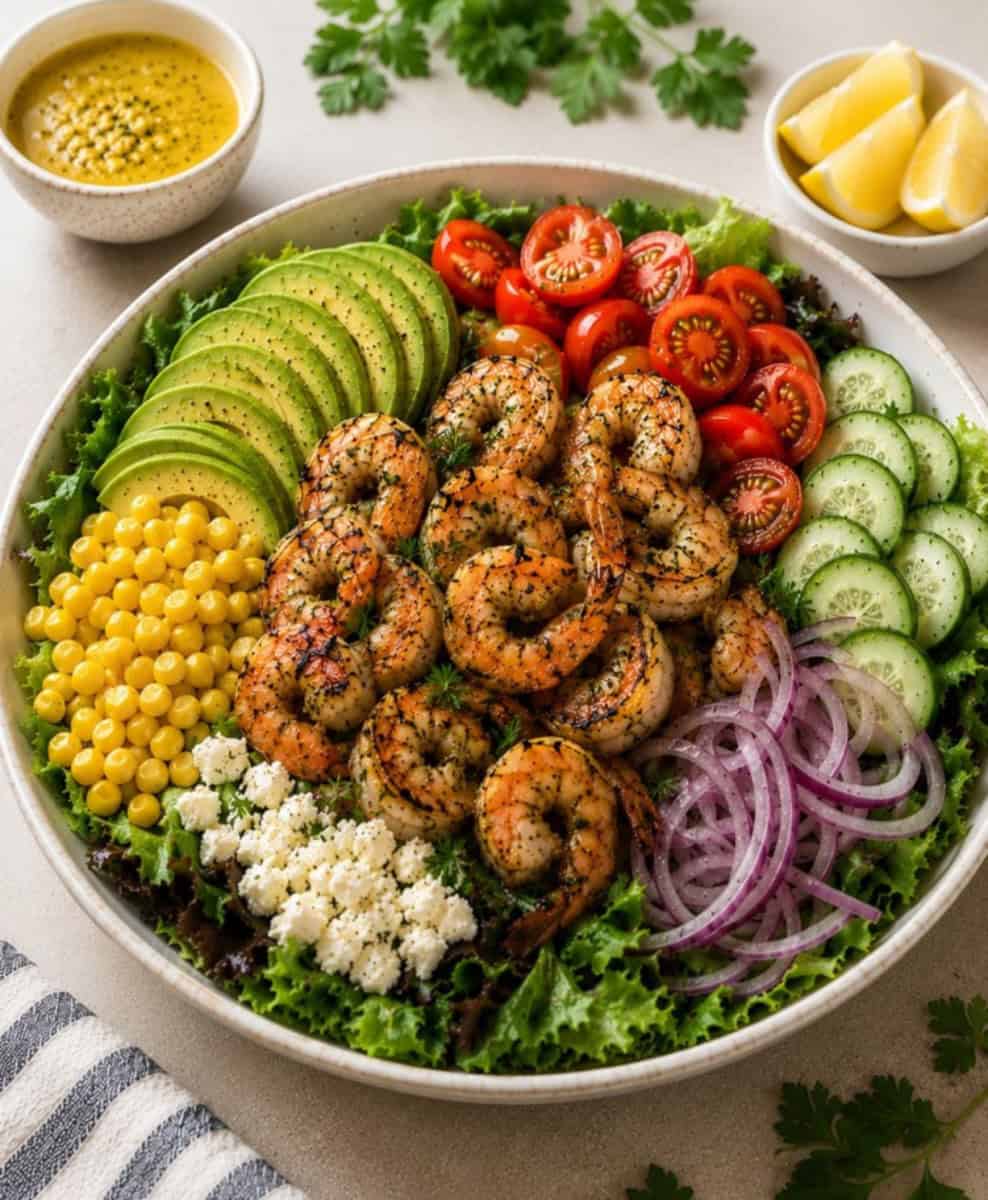 grilled shrimp salad served in a large white bowl with crisp mixed greens, sliced avocado, juicy cherry tomatoes, cucumber, sweet corn, thinly sliced red onion, and crumbled feta