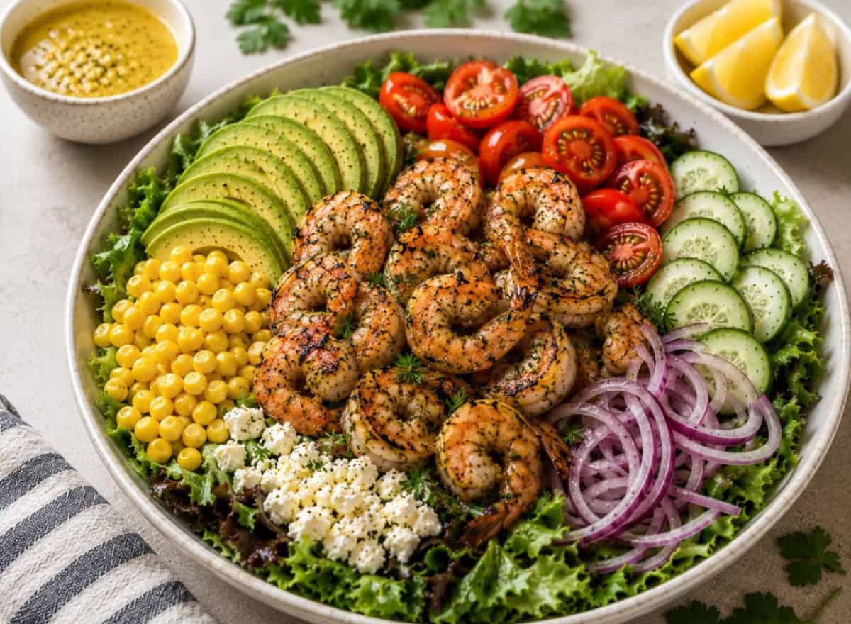 grilled shrimp salad served in a large white bowl with crisp mixed greens, sliced avocado, juicy cherry tomatoes, cucumber, sweet corn, thinly sliced red onion, and crumbled feta