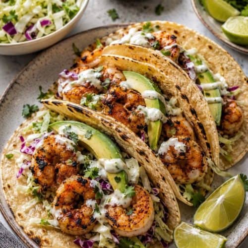 grilled shrimp tacos salad sauce and lime wedges