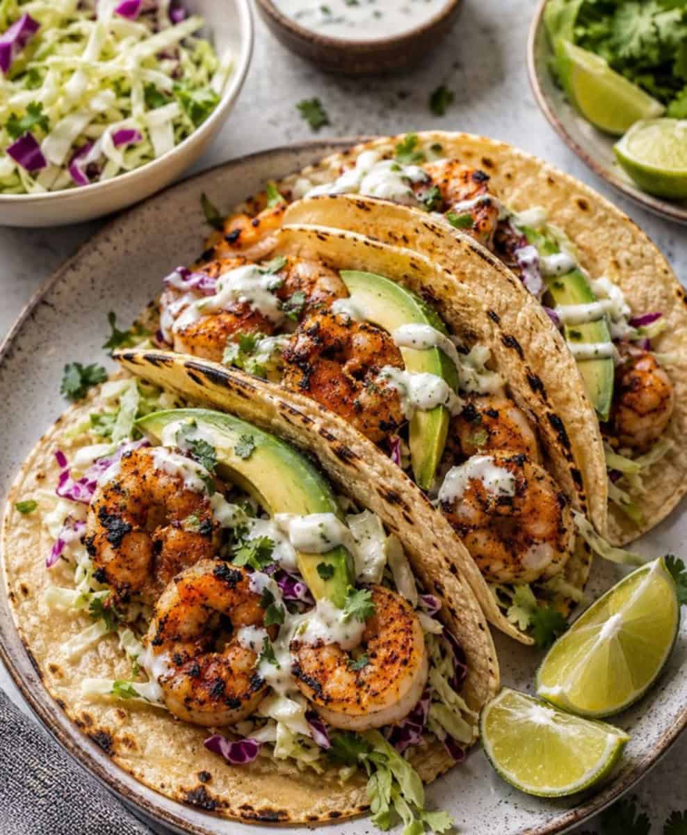 grilled shrimp tacos salad sauce and lime wedges