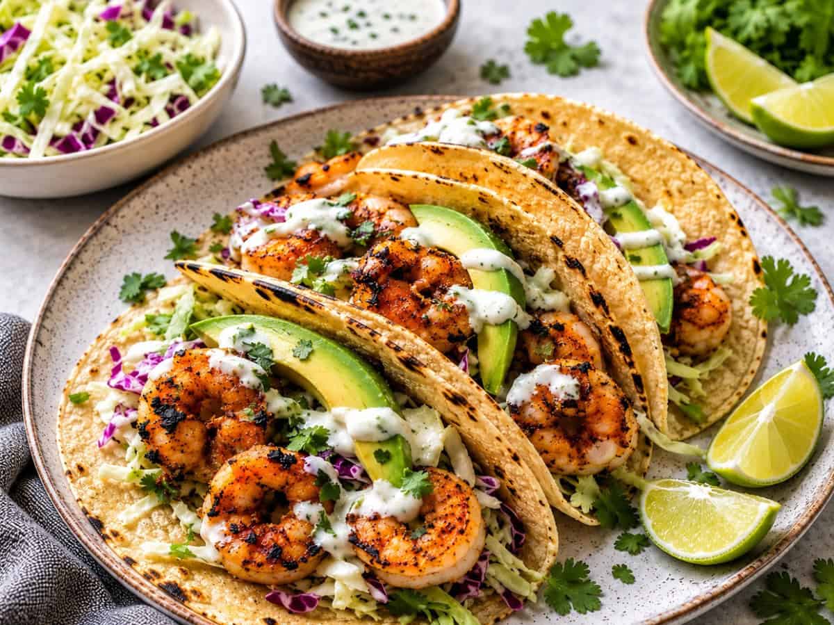 grilled shrimp tacos salad sauce and lime wedges