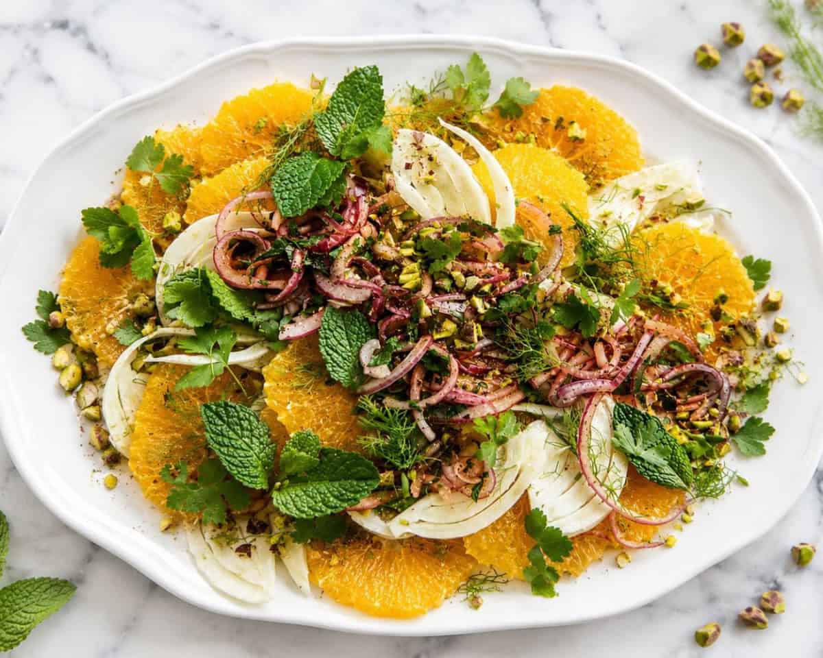 fresh citrus and fennel salad arranged on a white serving platter. Juicy orange slices, shaved fennel, pickled red onion, chopped pistachios, fresh mint, parsley, and fennel fronds
