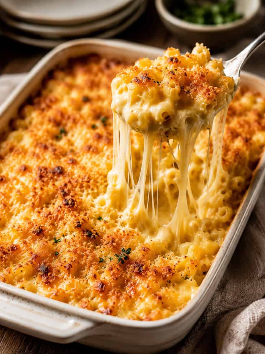 baked mac and cheese with a golden crispy topping and a spoon lifting creamy macaroni with melted cheese stretching from the baking dish