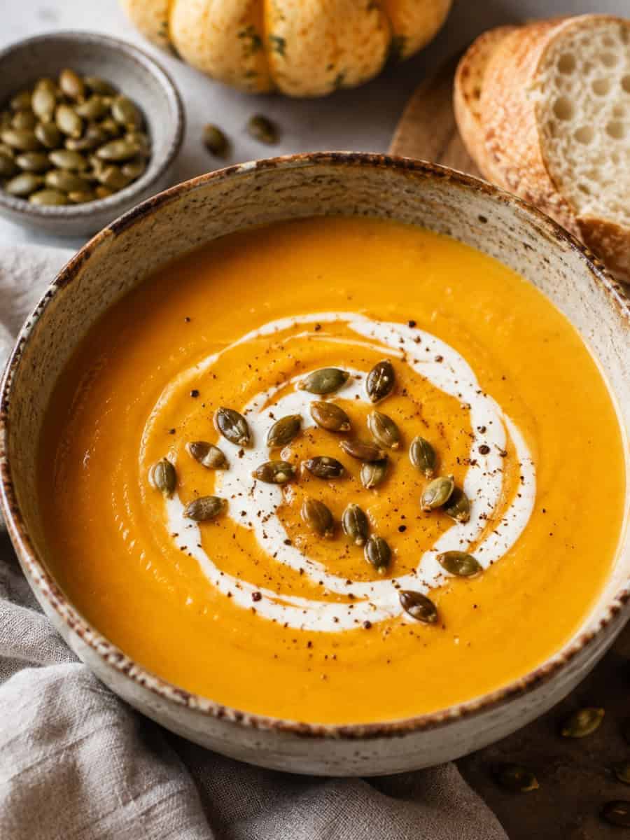 creamy pumpkin soup with a swirl of cream and toasted pepitas, served in a rustic bowl with crusty bread on the side