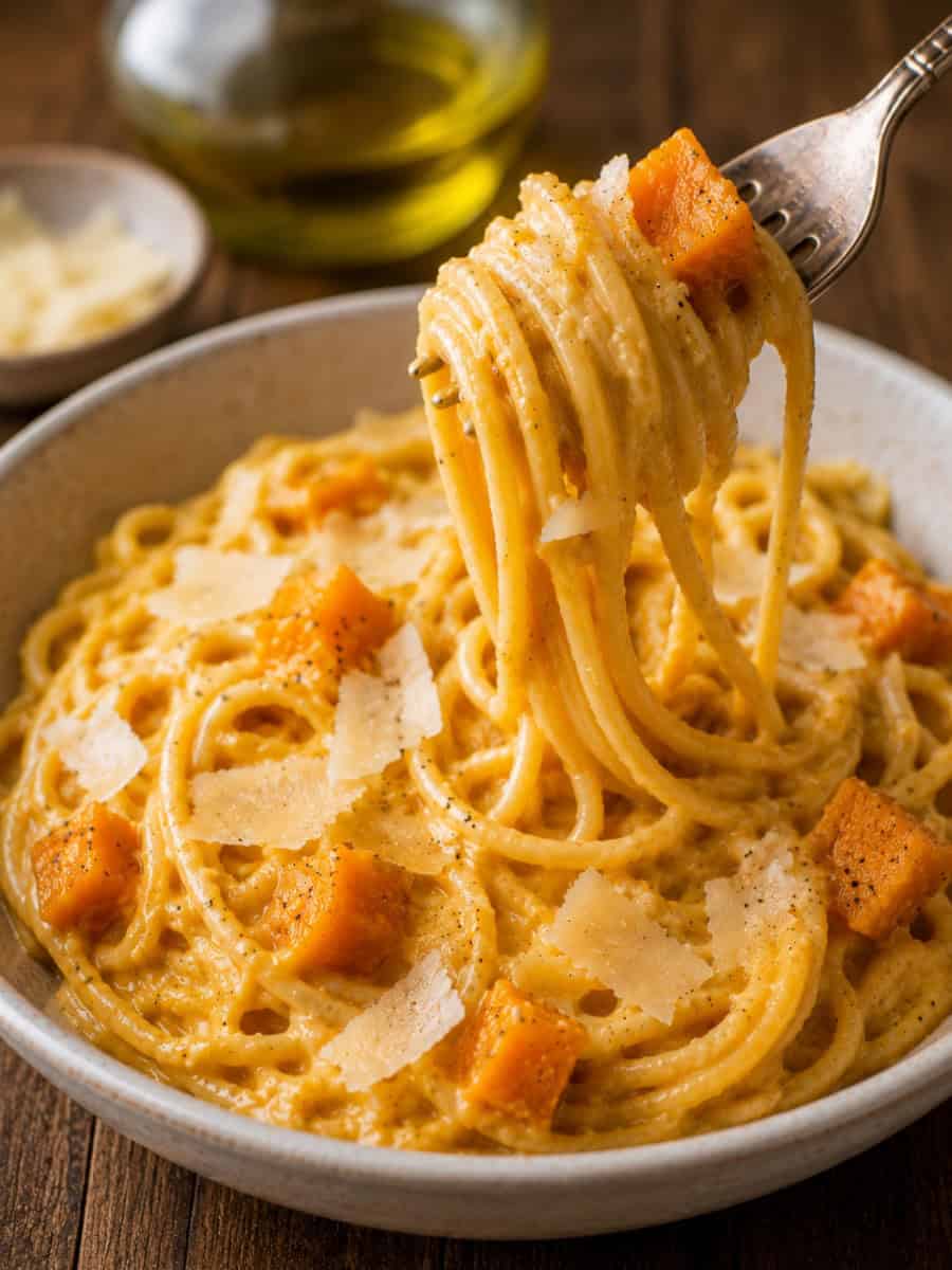 creamy butternut squash pasta with roasted squash pieces and shaved Parmesan, with a fork lifting a twirl of pasta from the bowl