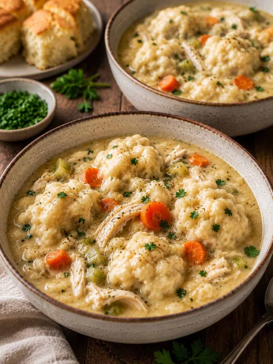 bowl of creamy chicken and dumplings with tender shredded chicken, fluffy dumplings, carrots, celery, and fresh herbs