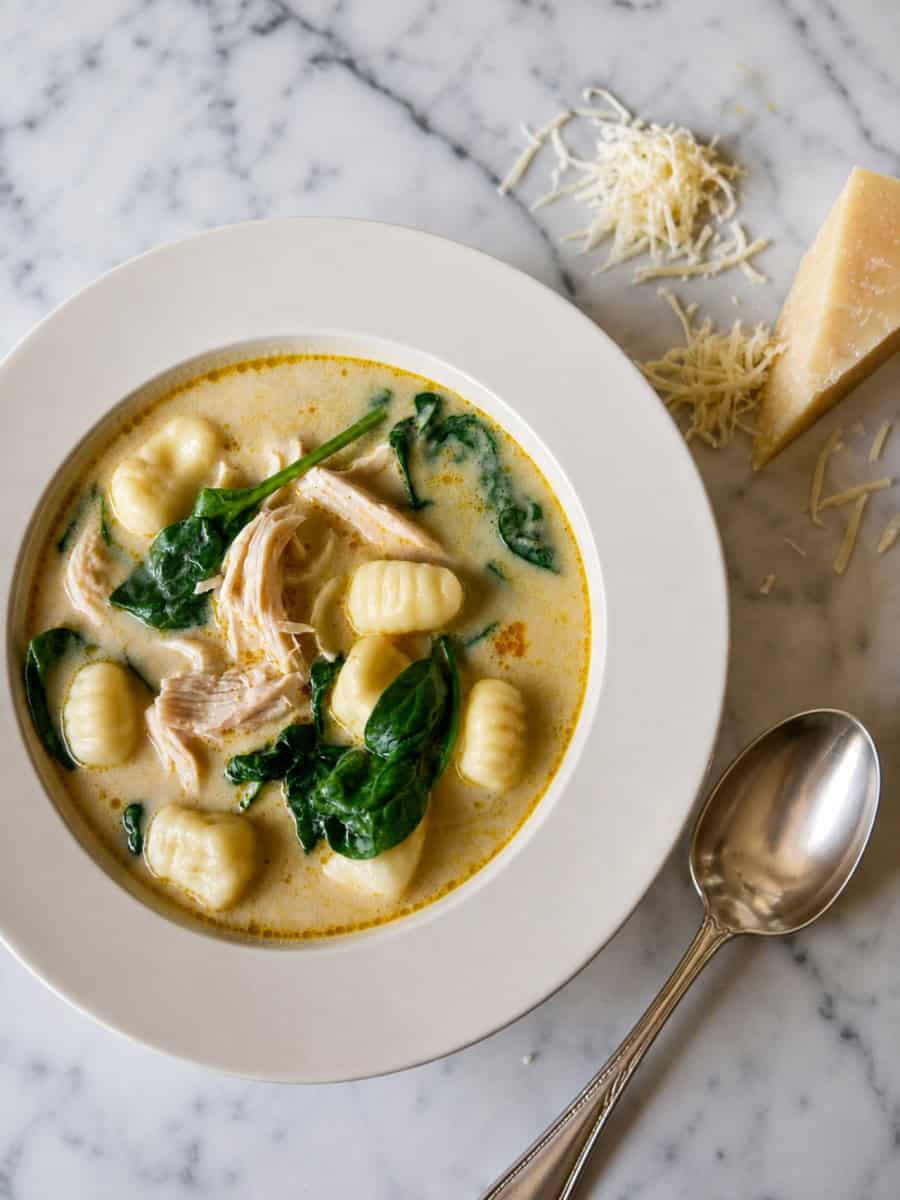 creamy chicken gnocchi soup with tender chicken, pillowy gnocchi and fresh spinach, served with Parmesan cheese on a marble countertop
