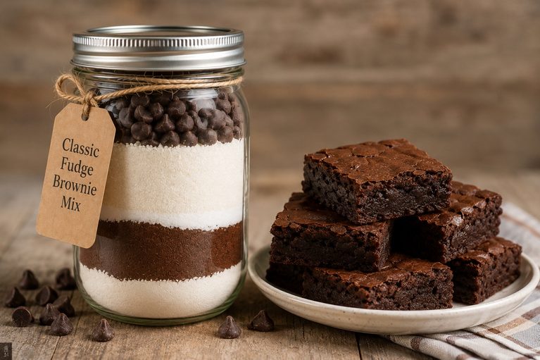 classic fudge brownie mix layered in a mason jar beside a plate of rich, fudgy chocolate brownies