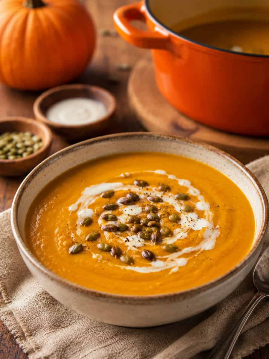 creamy pumpkin soup topped with a natural swirl of cream, toasted pumpkin seeds, and cracked black pepper, served in a rustic ceramic bowl with an orange Dutch oven in the background