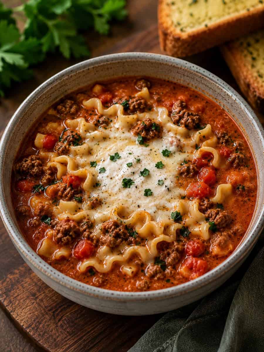 hearty lasagna soup with ground beef, tender pasta, tomatoes, melted cheese, and fresh herbs in a rich tomato broth