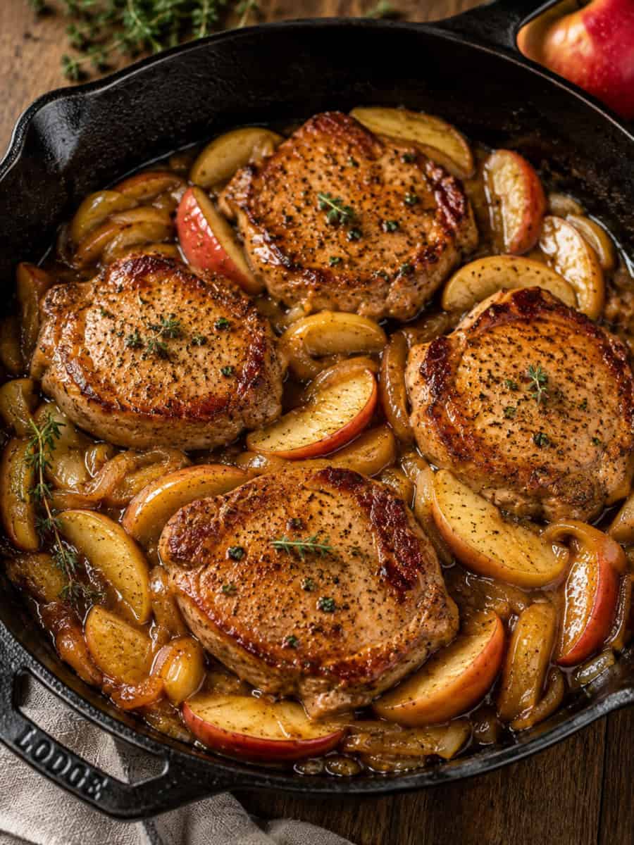 pan-seared pork chops with caramelized apple slices and onions in a rich pan sauce, cooked and served in a rustic cast-iron skillet