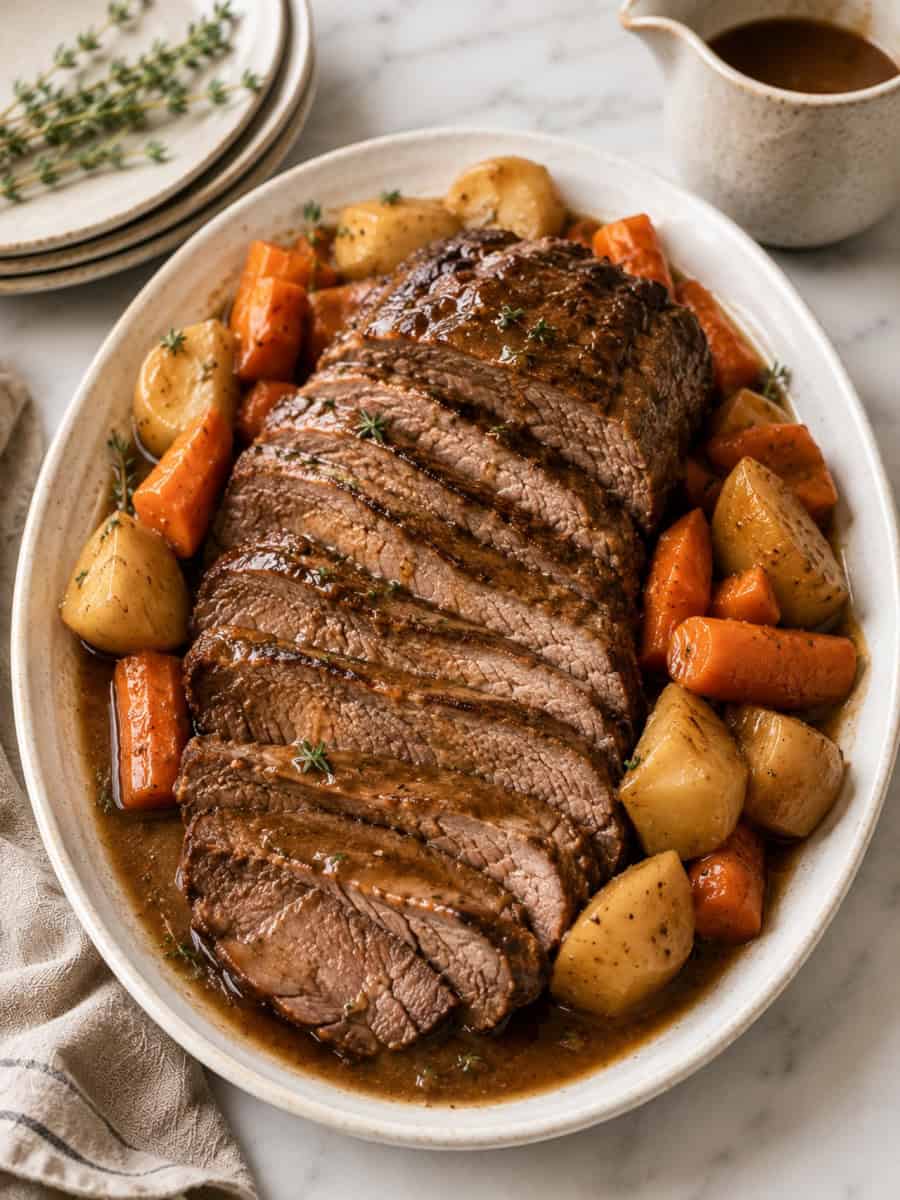 sliced pot roast with tender carrots and potatoes in rich brown gravy, garnished with fresh thyme on a rustic serving platter