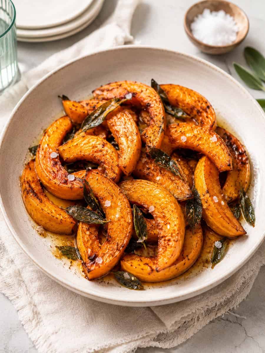 roasted pumpkin wedges with caramelized edges, brown butter, crispy sage leaves, black pepper, and flaky salt served in a rustic ceramic bowl