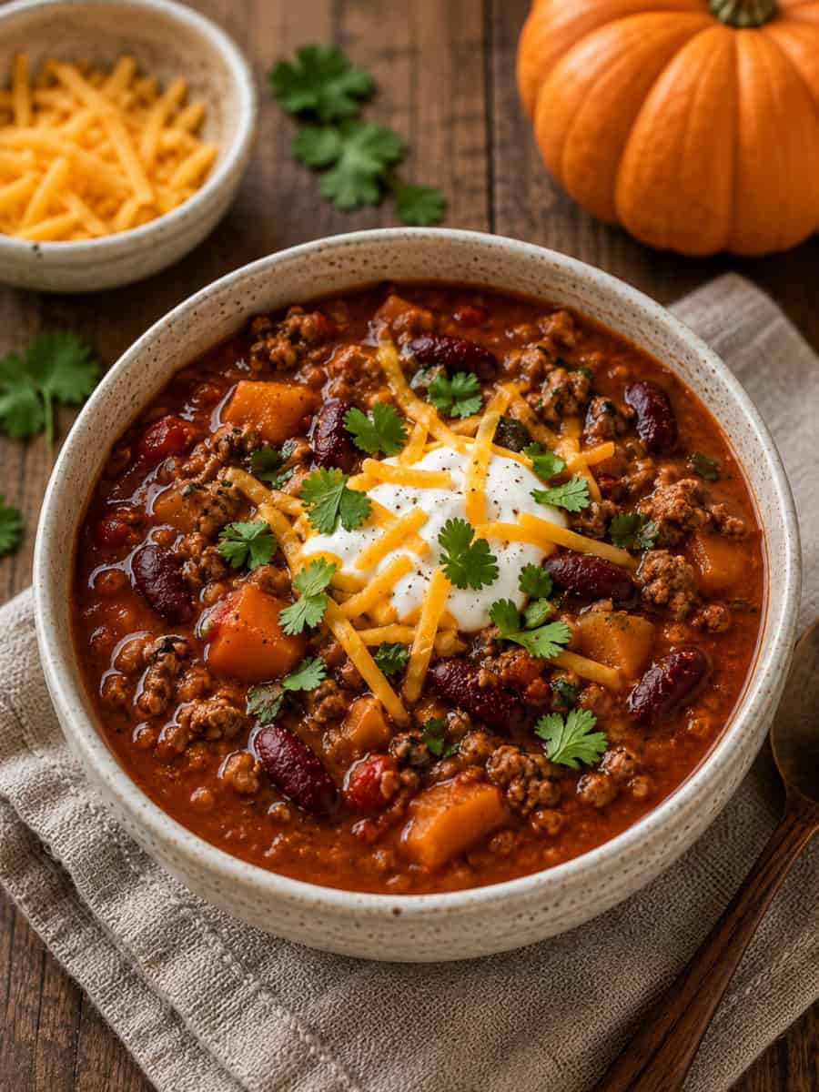 hearty pumpkin chili with ground meat, kidney beans and tomatoes, topped with sour cream, shredded cheddar cheese and fresh cilantro