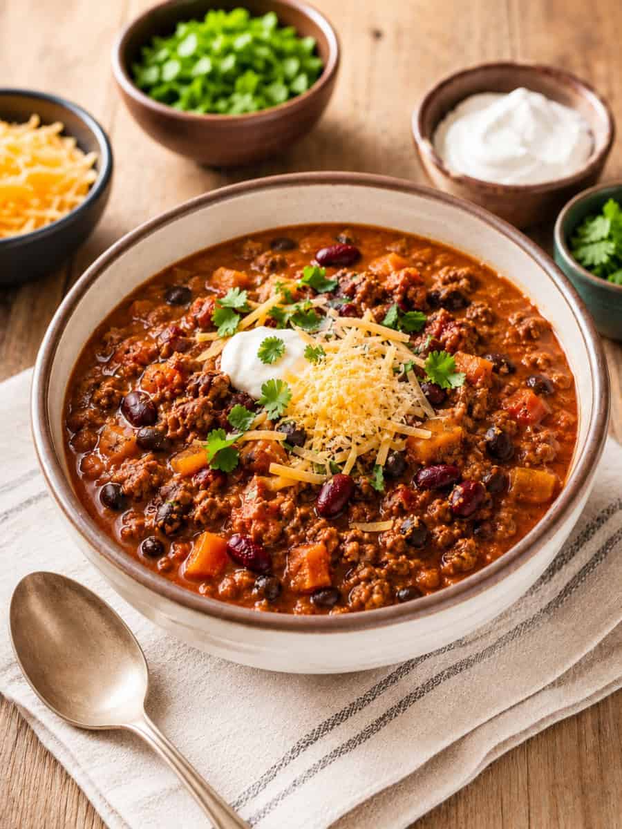 hearty pumpkin chili with ground beef, black beans, kidney beans, and tomatoes, topped with shredded cheese, sour cream, and fresh cilantro