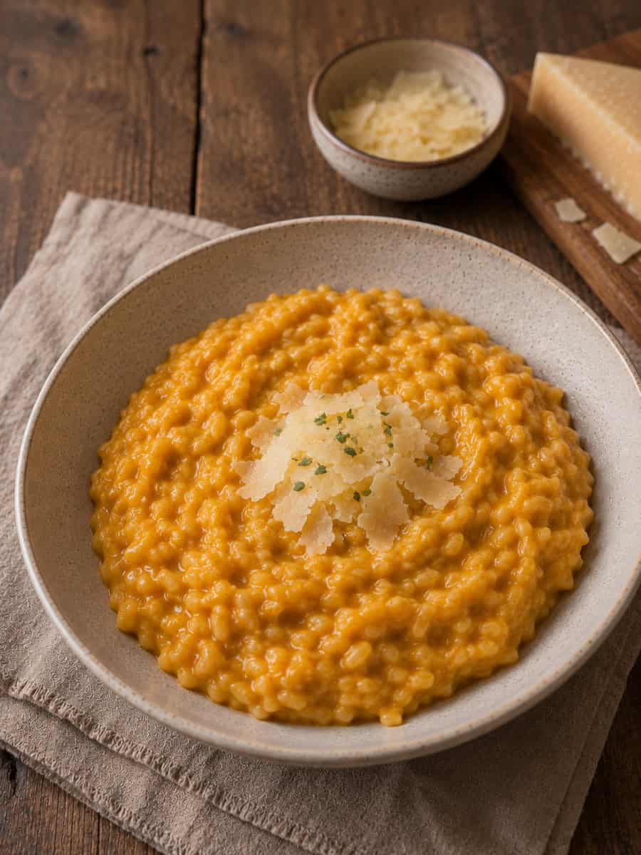 creamy pumpkin risotto topped with Parmesan flakes and a light sprinkle of fresh herbs, served in a rustic ceramic bowl