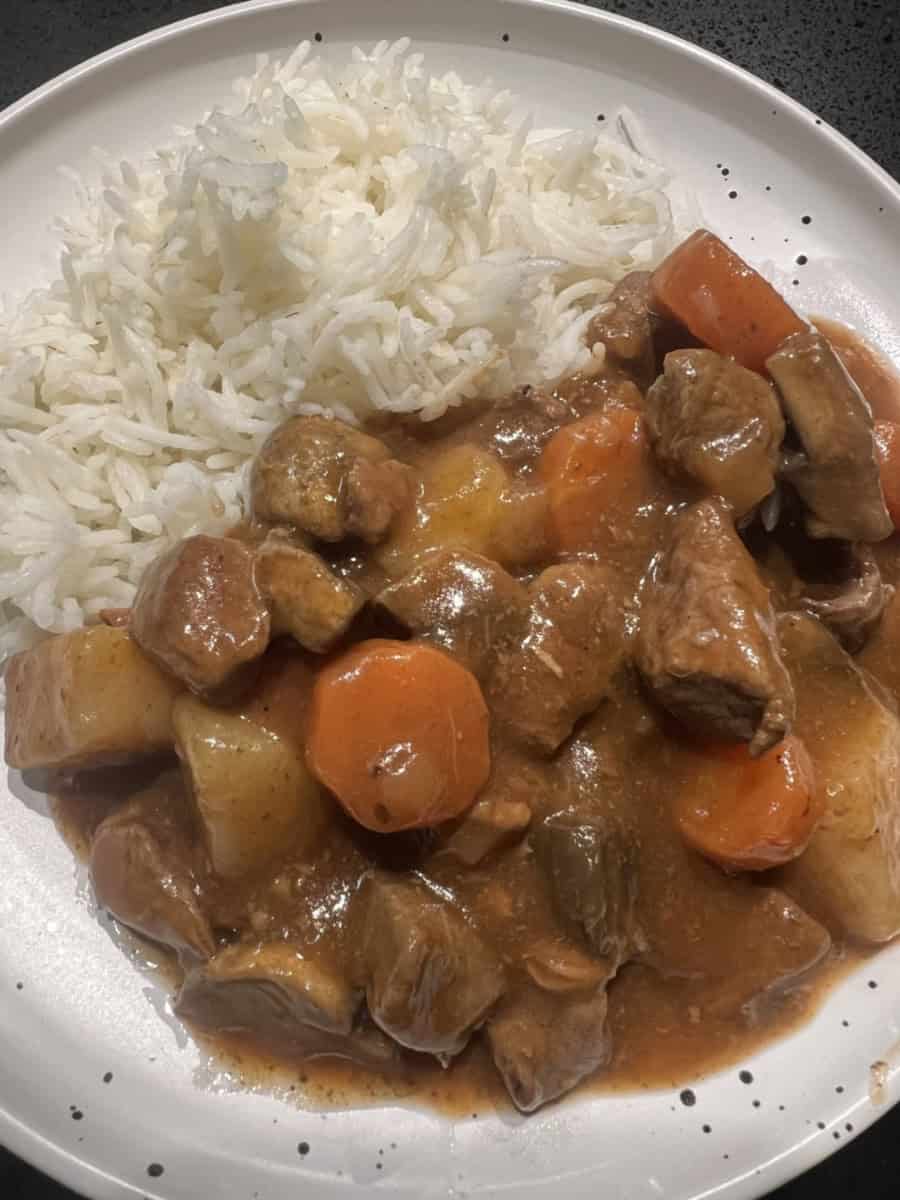 red wine and beef stew with steamed rice