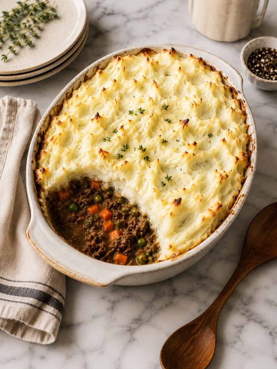 shepherds pie with creamy mashed potato peaks, lightly browned edges, and a rich minced meat, carrot and pea filling in a rustic baking dish