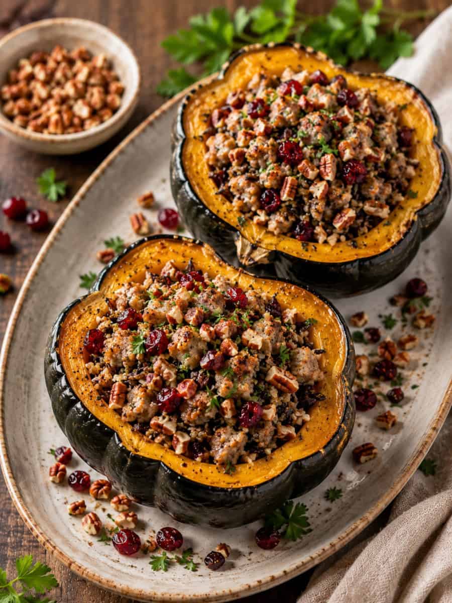 roasted acorn squash halves stuffed with Italian sausage, wild rice, dried cranberries and toasted pecans, garnished with fresh parsley