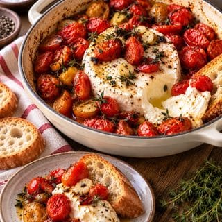 Creamy baked Boursin dip with blistered cherry tomatoes, roasted garlic and thyme, served with crusty baguette slices.
