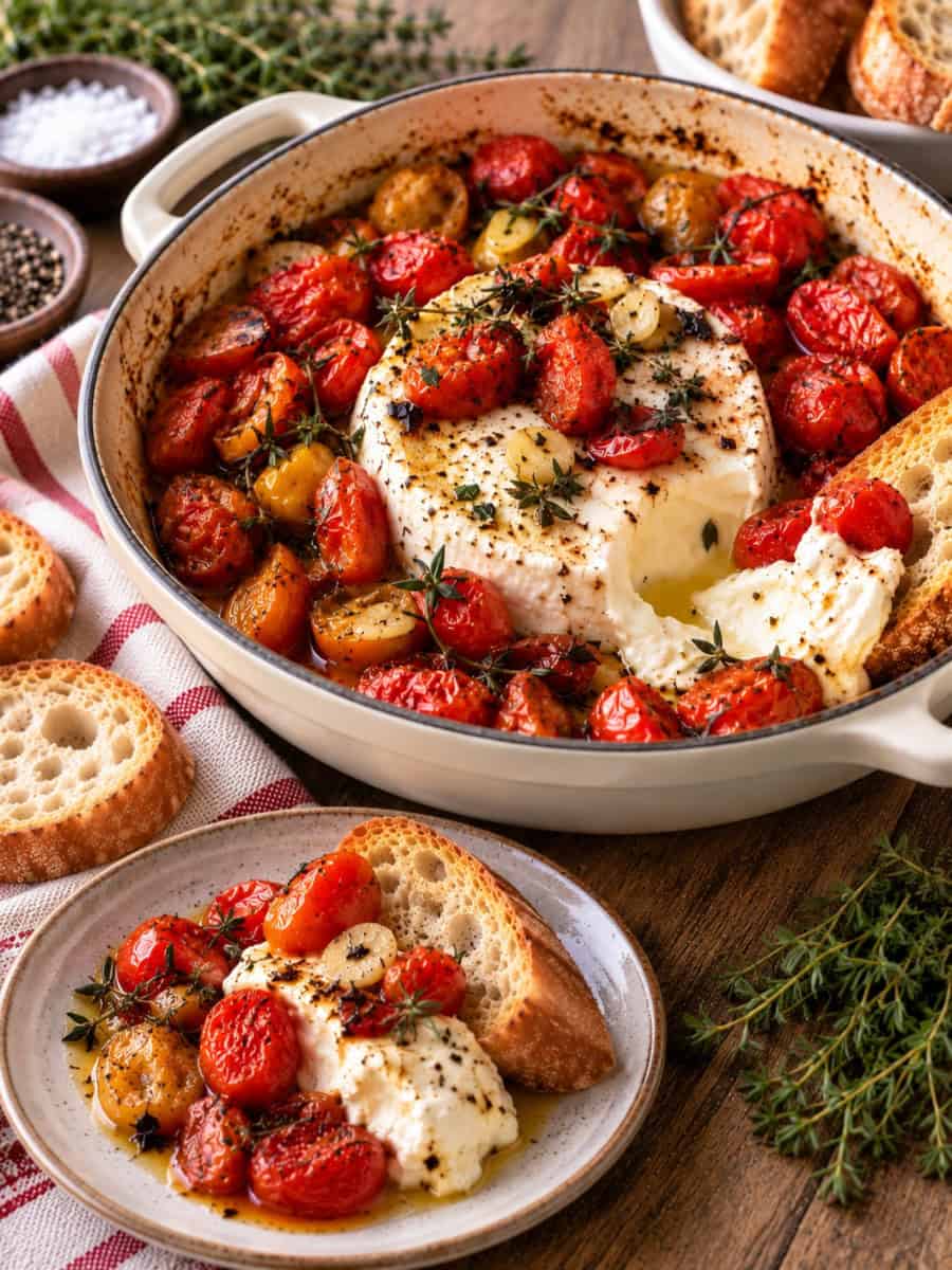 Creamy baked Boursin dip with blistered cherry tomatoes, roasted garlic and thyme, served with crusty baguette slices.