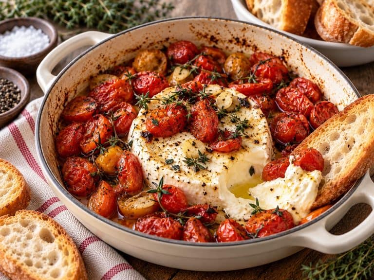 Baked Boursin dip with roasted cherry tomatoes, garlic and thyme, served with crusty bread on a small plate.