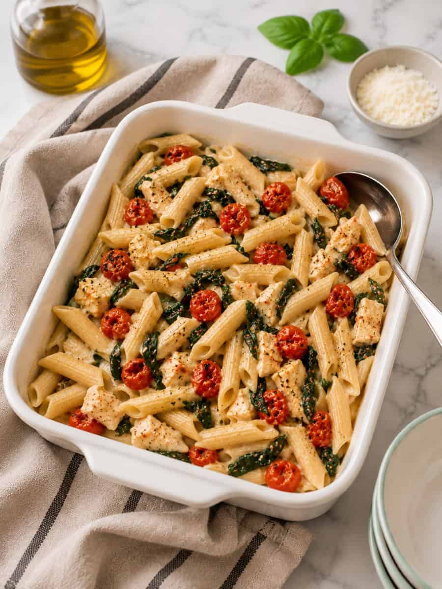 baked feta pasta with cherry tomatoes and spinach