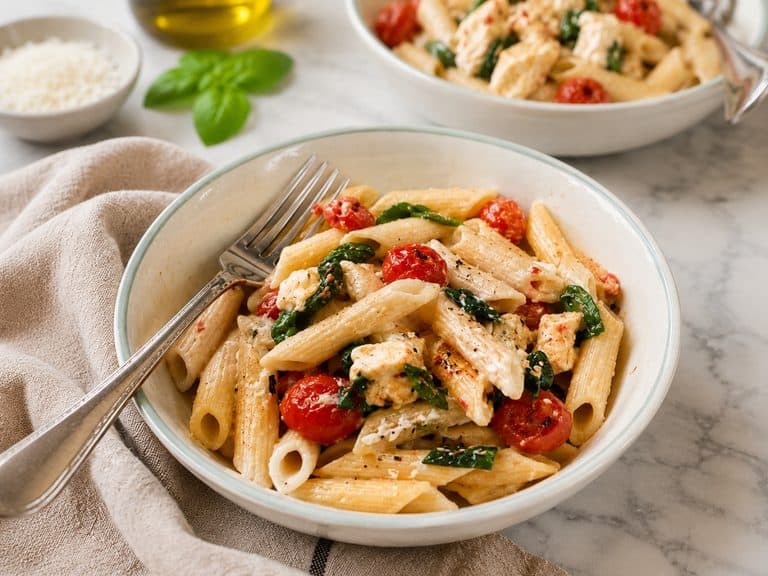 baked feta pasta with cherry tomatoes and spinach