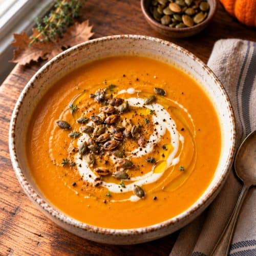 Creamy butternut squash soup topped with cream, toasted pepitas, olive oil, and herbs in a rustic ceramic bowl.