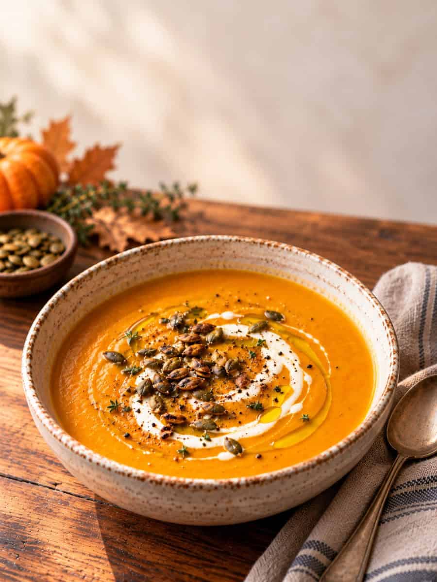 Creamy butternut squash soup topped with cream, toasted pepitas, olive oil, and herbs in a rustic ceramic bowl.