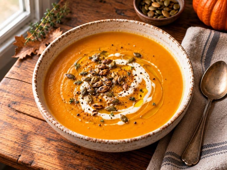 Creamy butternut squash soup topped with cream, toasted pepitas, olive oil, and herbs in a rustic ceramic bowl.