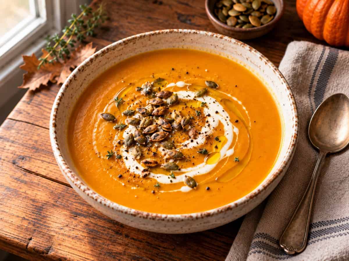Creamy butternut squash soup topped with cream, toasted pepitas, olive oil, and herbs in a rustic ceramic bowl.