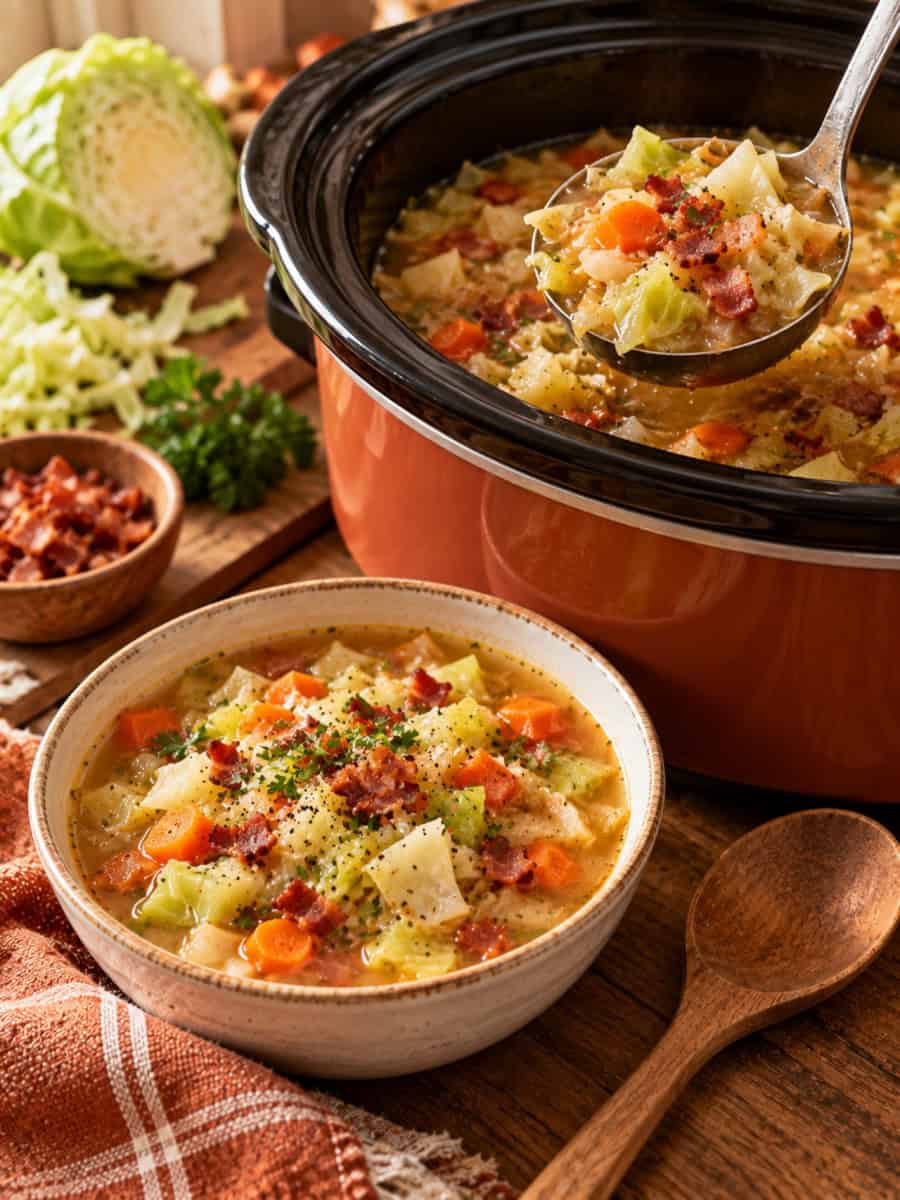 slow cooker filled with hearty soup with a ladle