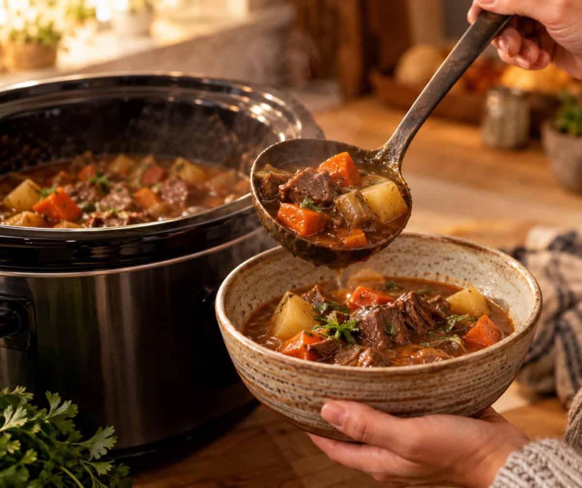 Crockpot beef stew with potatoes and carrots being ladled into a bowl