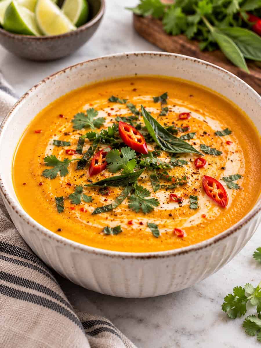 Creamy coconut Thai pumpkin soup topped with cilantro, Thai basil, sliced red chili, and a swirl of coconut milk.
