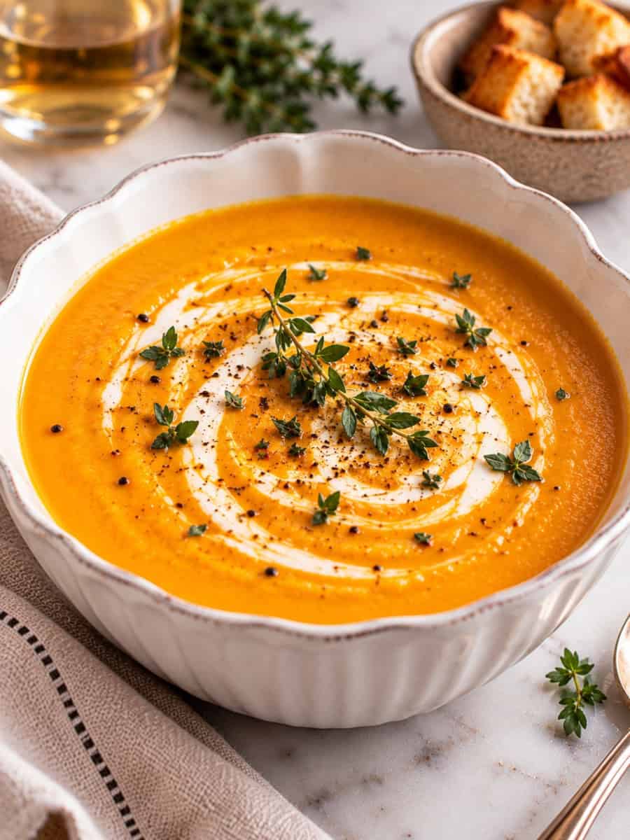 Creamy pumpkin bisque in an elegant white bowl, finished with a swirl of cream, fresh thyme, and cracked black pepper.
