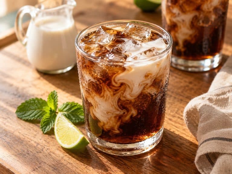 Dirty soda with coconut cream, ice, lime, and mint