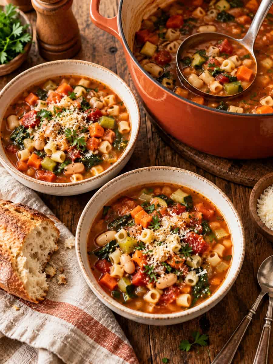hearty chunky soup served from a Dutch oven with crusty bread