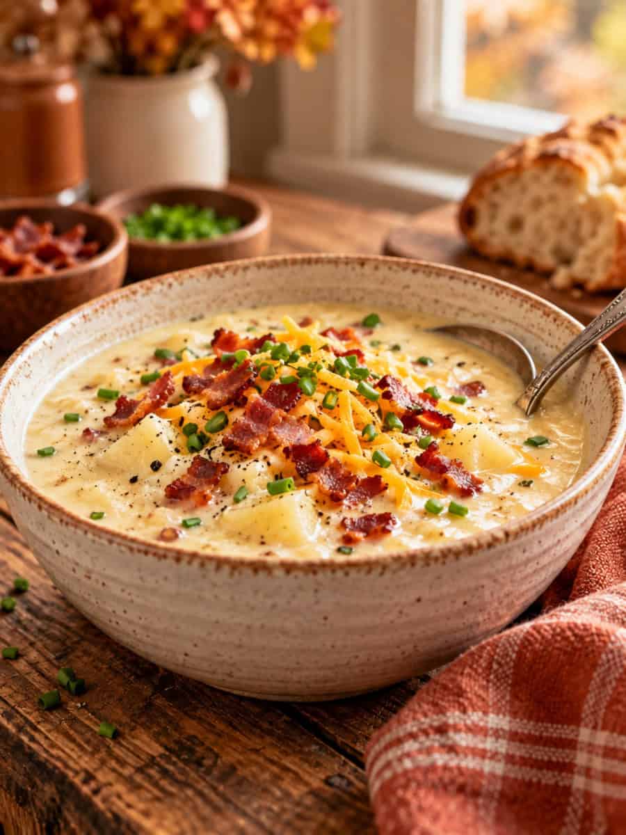 creamy potato soup topped with bacon and chives in a cream bowl