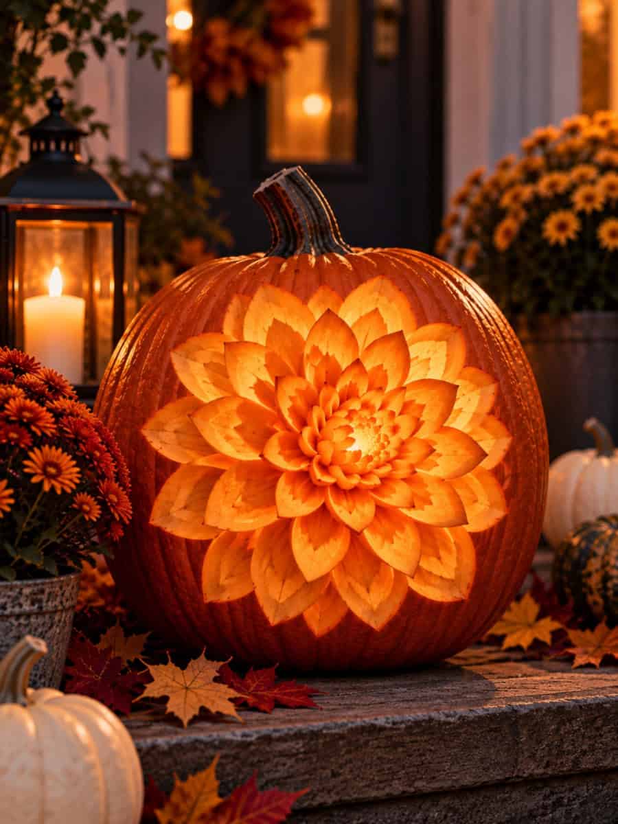 Glowing orange pumpkin with an intricately layered dahlia carving displayed on a cozy autumn porch at dusk.