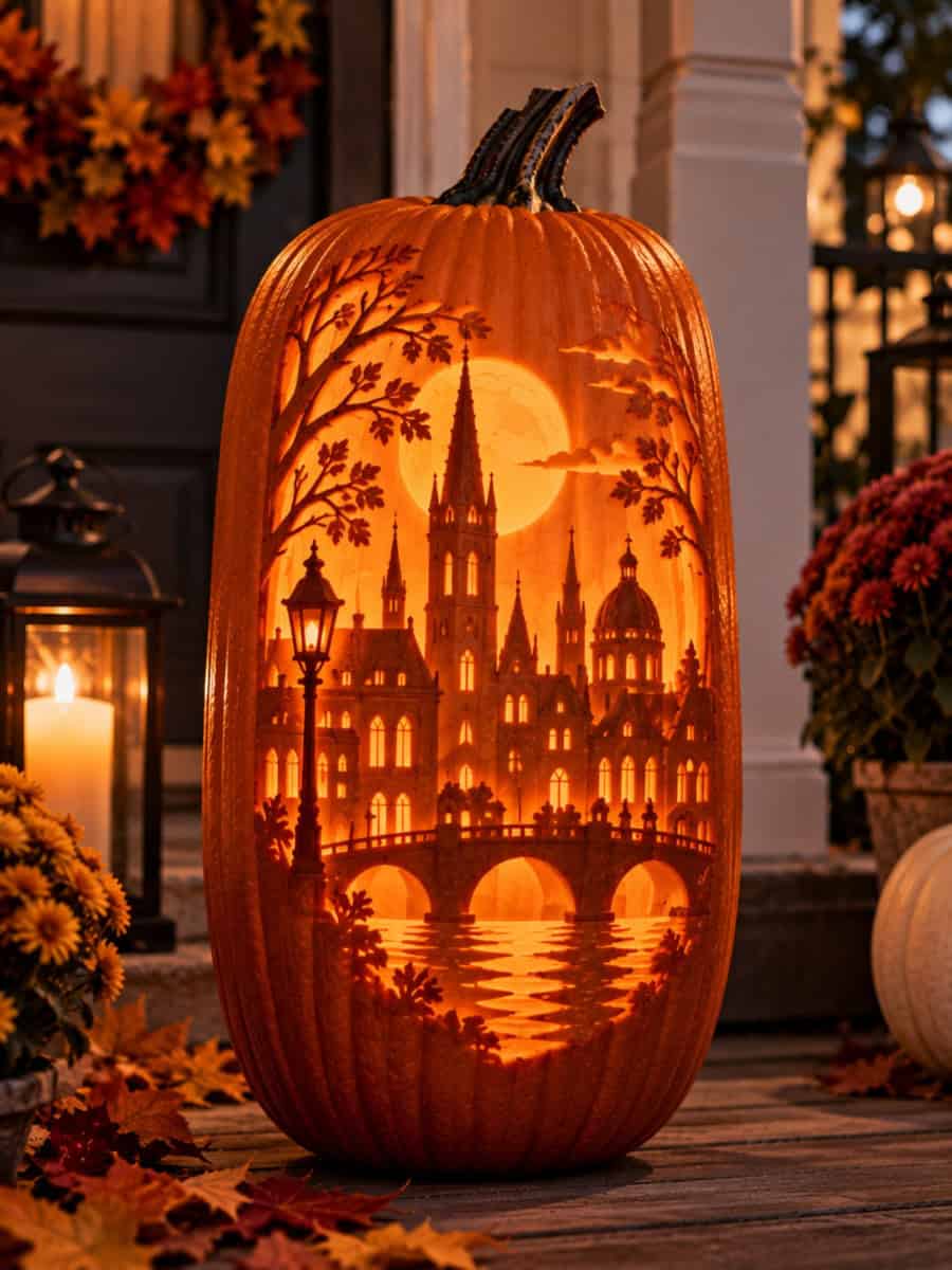 Tall glowing pumpkin intricately carved with a moonlit architectural skyline, Gothic buildings, bridge, and illuminated windows.