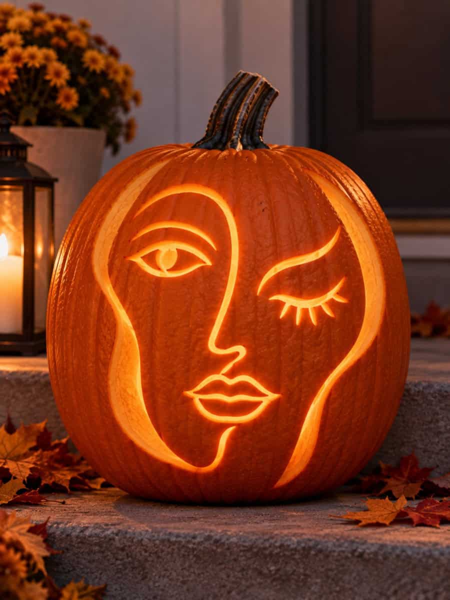 Glowing pumpkin with a minimalist line-art face carving, displayed on an autumn porch with lantern light and scattered fall leaves.