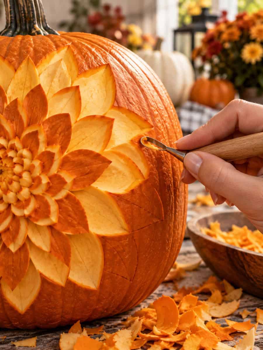 Close-up of a hand using a carving tool to shave pumpkin skin at different depths, creating a layered floral design.