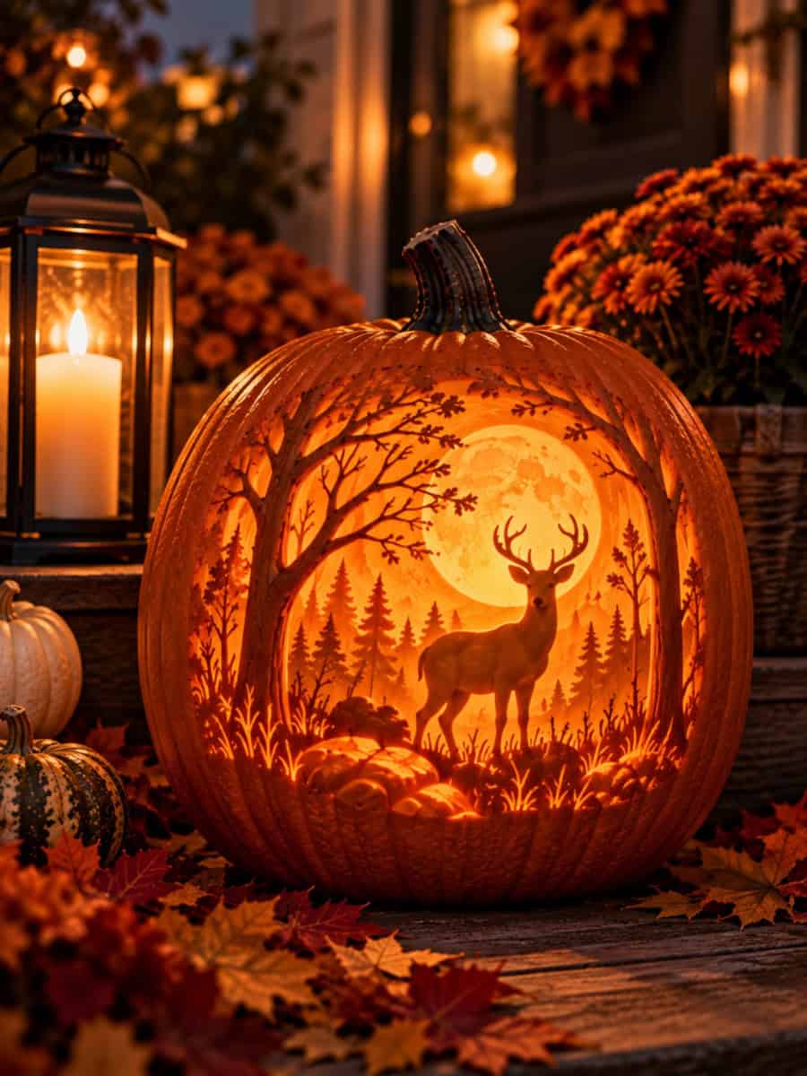 Glowing pumpkin carved with a layered woodland scene of a deer, trees, and full moon on an autumn porch at night.