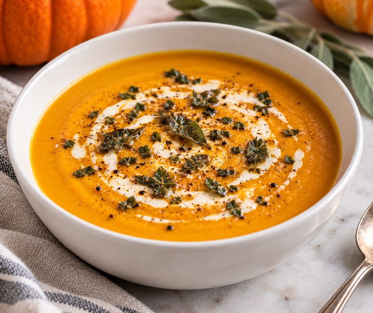 Creamy pumpkin soup in a white bowl, topped with crushed butter-crisped sage leaves, a swirl of cream, and cracked black pepper.